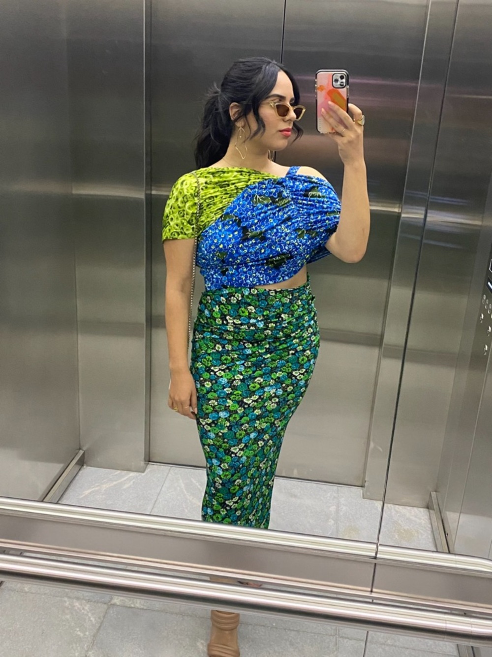 Zara Green and Blue Floral Midi Dress Asymmetrical top